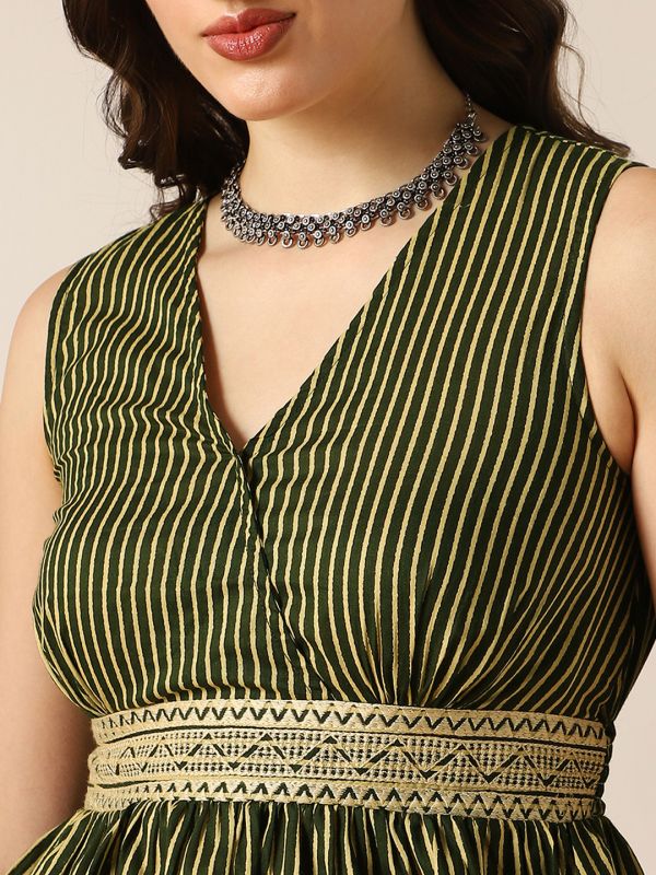 Globus Women Olive V-Neck Striped Peplum Top & Bell Bottom Pants Fusion Co-Ord Set