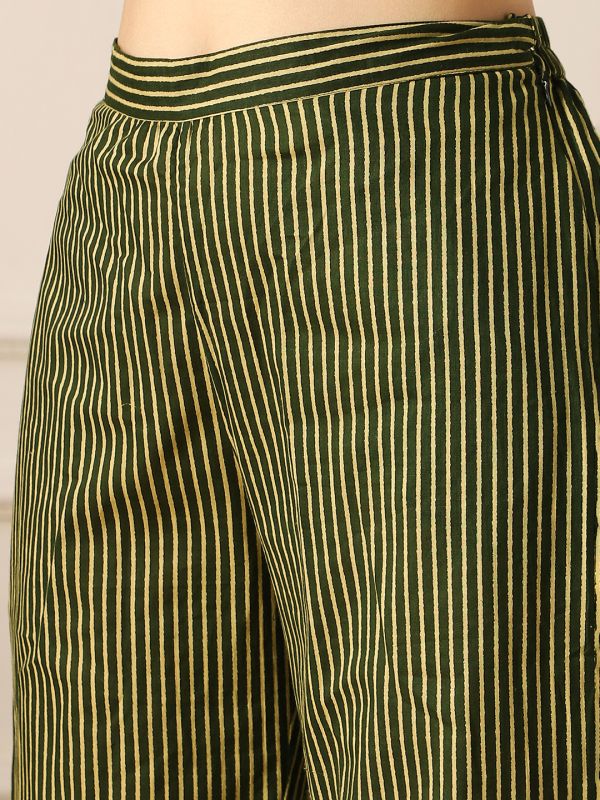 Globus Women Olive V-Neck Striped Peplum Top & Bell Bottom Pants Fusion Co-Ord Set