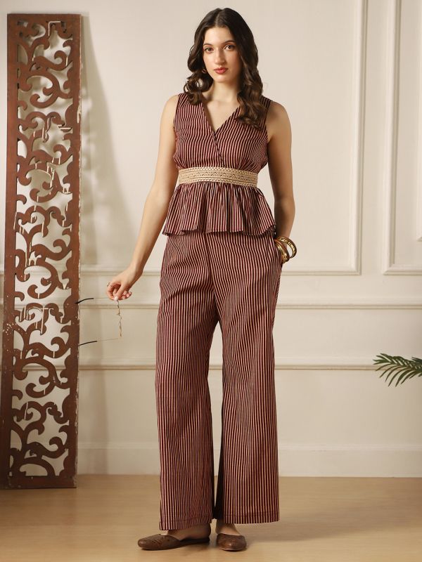 Globus Women Burgundy V-Neck Striped Peplum Top & Bell Bottom Pants Fusion Co-Ord Set