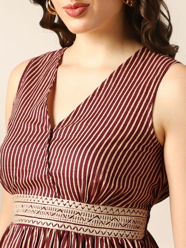 Globus Women Burgundy V-Neck Striped Peplum Top & Bell Bottom Pants Fusion Co-Ord Set