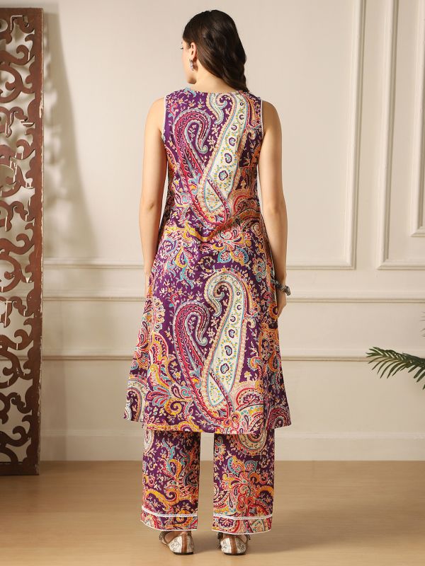 Globus Women Purple Paisley Ethnic Print Lace Detail V-Neck Sleeveless A-Line Kurta & Pant Fusion Set