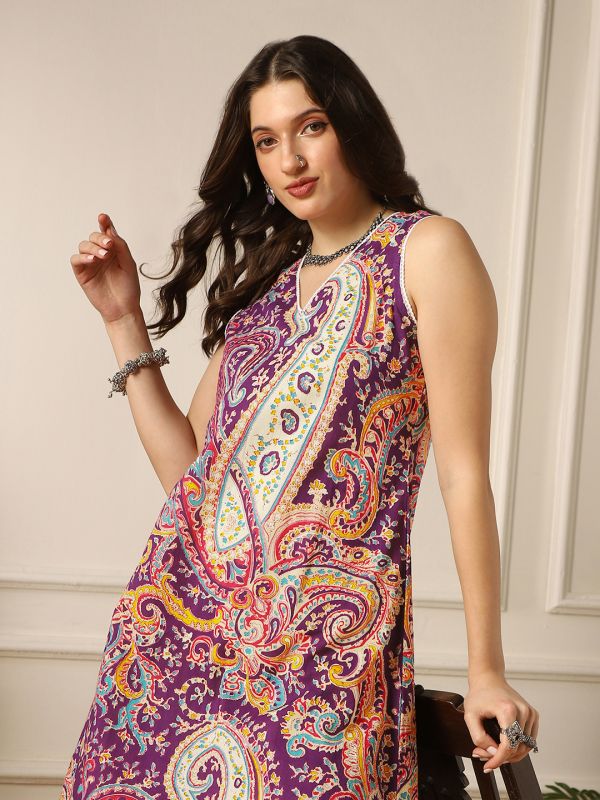 Globus Women Purple Paisley Ethnic Print Lace Detail V-Neck Sleeveless A-Line Kurta & Pant Fusion Set