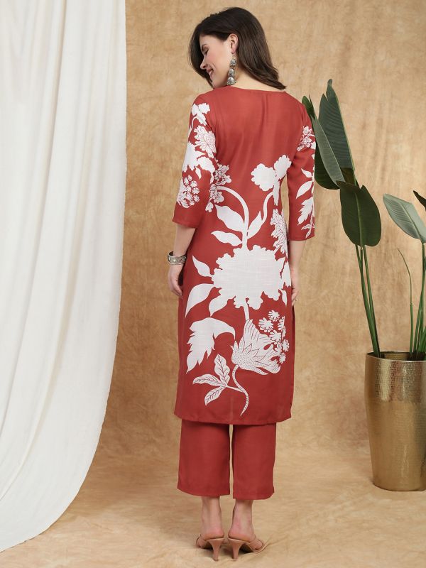 Globus Women Rust V-Neck Floral Print Lace Insert Straight Kurta & Pant Fusion Set