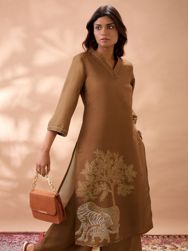 Globus Women Brown Gond Animal Print V-Neck Bell Sleeves Straight Kurta & Wide Leg Pant Set