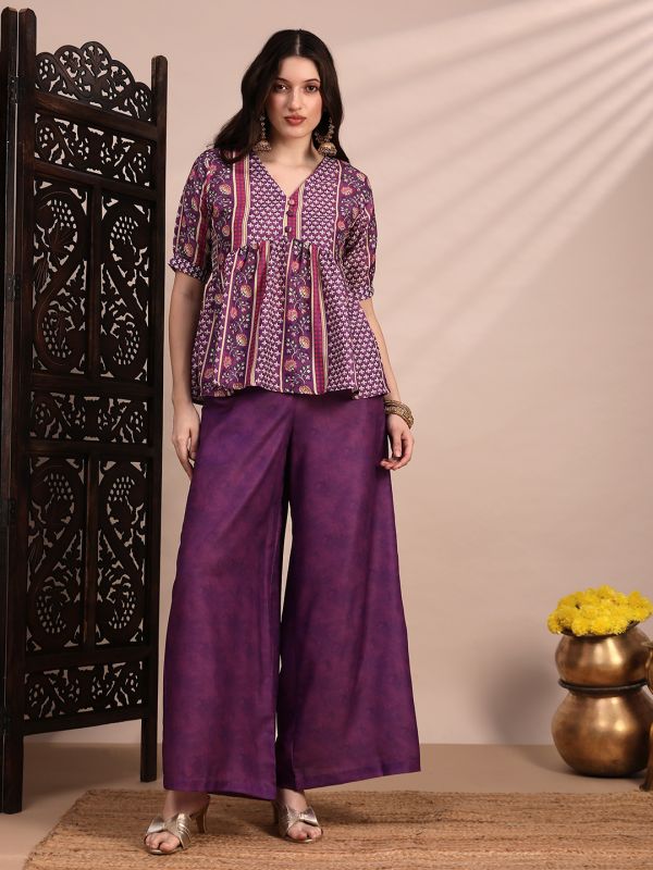 Globus Women Purple Ethnic Print V-Neck Gathered Detail Tunic & Mid Rise Wide Leg Trouser Fusion Co-Ord Set