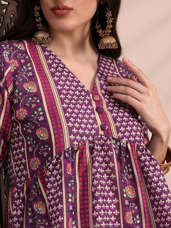 Globus Women Purple Ethnic Print V-Neck Gathered Detail Tunic & Mid Rise Wide Leg Trouser Fusion Co-Ord Set