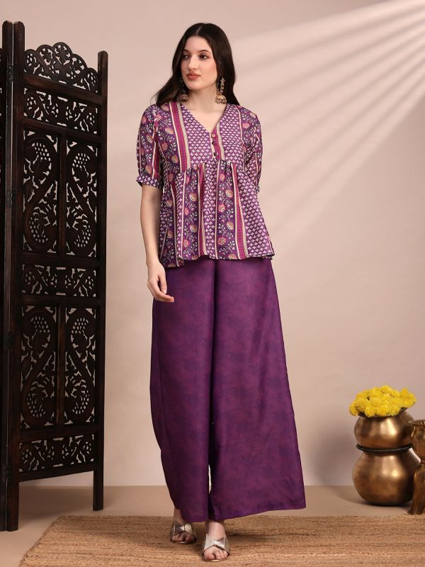 Globus Women Purple Ethnic Print V-Neck Gathered Detail Tunic & Mid Rise Wide Leg Trouser Fusion Co-Ord Set