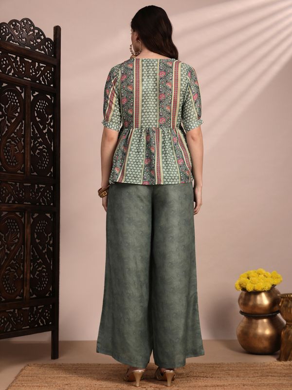 Globus Women Green Ethnic Print V-Neck Gathered Detail Tunic & Mid Rise Wide Leg Trouser Fusion Co-Ord Set