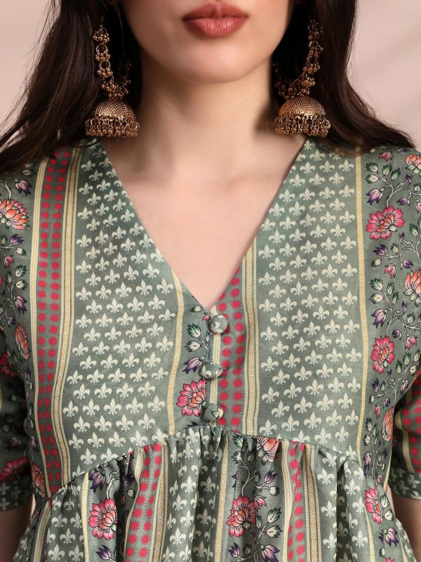 Globus Women Green Ethnic Print V-Neck Gathered Detail Tunic & Mid Rise Wide Leg Trouser Fusion Co-Ord Set