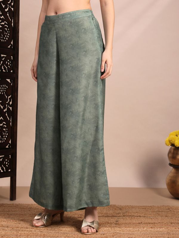 Globus Women Green Ethnic Print V-Neck Gathered Detail Tunic & Mid Rise Wide Leg Trouser Fusion Co-Ord Set