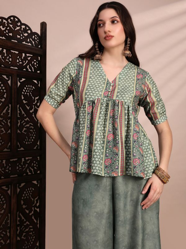 Globus Women Green Ethnic Print V-Neck Gathered Detail Tunic & Mid Rise Wide Leg Trouser Fusion Co-Ord Set