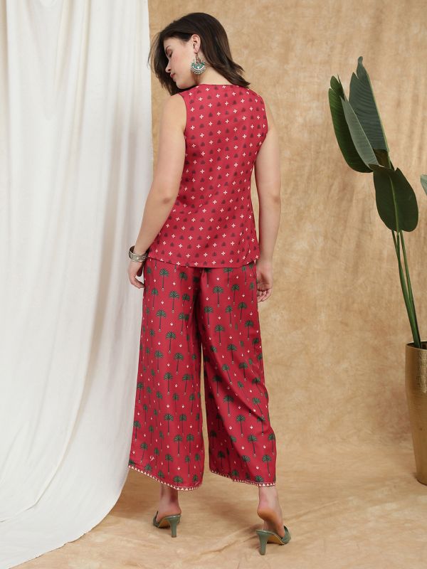 Globus Women Maroon Round Neck Mandarin Collar Ethnic Print Flared Tunic & Palazzos Fusion Co-Ord Set