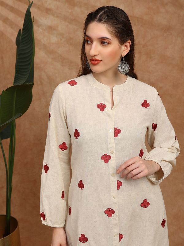 Globus Women Off White Mandarin Collar Bishop Sleeves Embroidered Detail Button Down Straight Kurta With Lace Detail Pants Fusion Set