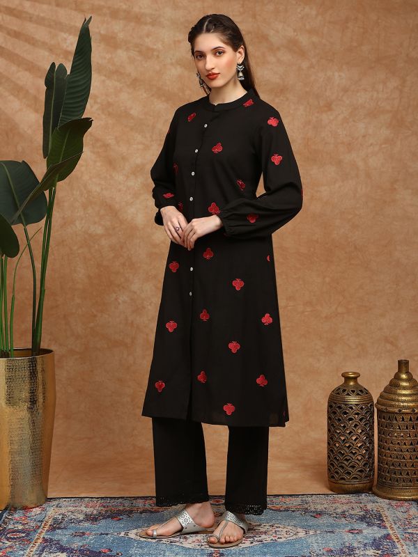 Globus Women Black Mandarin Collar Bishop Sleeves Embroidered Detail Button Down Straight Kurta With Lace Detail Pants Fusion Set