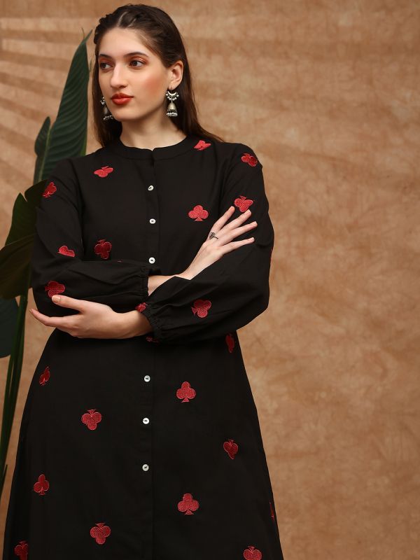 Globus Women Black Mandarin Collar Bishop Sleeves Embroidered Detail Button Down Straight Kurta With Lace Detail Pants Fusion Set