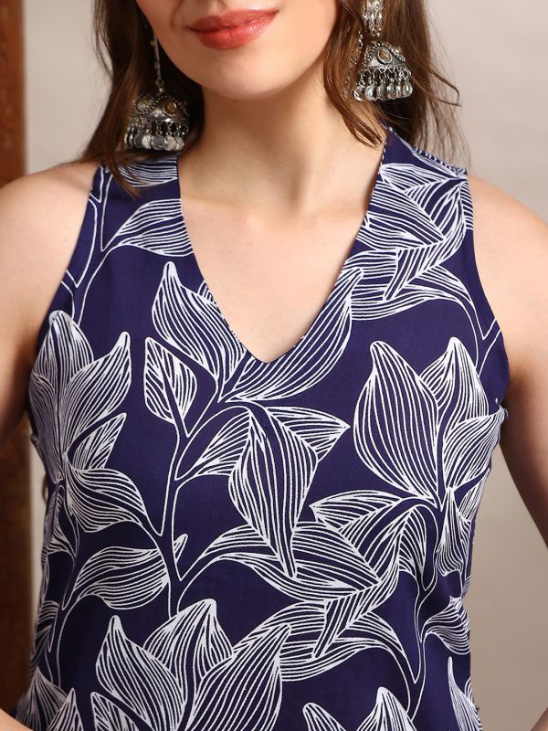 Globus Women Blue V-Neck Sleeveless Abstract Print A-Line Kurta With Pants Fusion Set