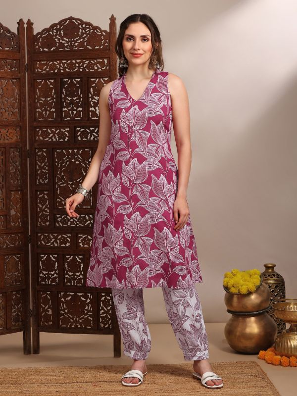 Globus Women Pink V-Neck Sleeveless Abstract Print A-Line Kurta With Pants Fusion Set