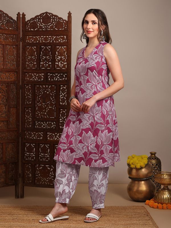 Globus Women Pink V-Neck Sleeveless Abstract Print A-Line Kurta With Pants Fusion Set