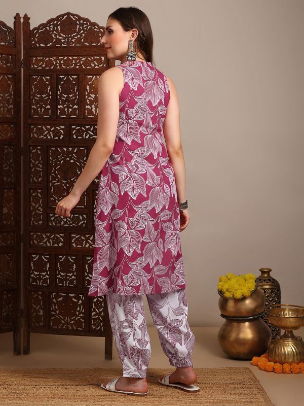 Globus Women Pink V-Neck Sleeveless Abstract Print A-Line Kurta With Pants Fusion Set