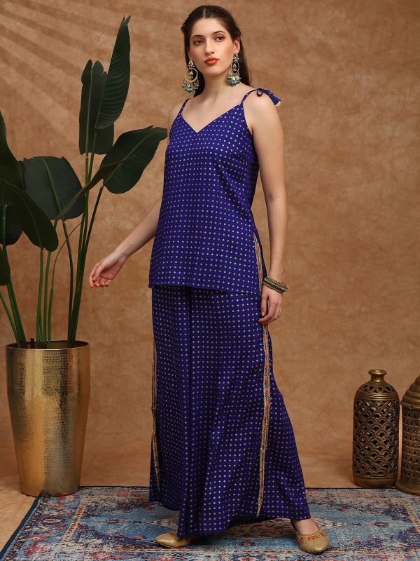 Globus Women Blue Ethnic Gold Foil Print V-Neck Tie-Up Shoulder Strap Tassel Detail Top & Palazzos Fusion Co-Ord Set