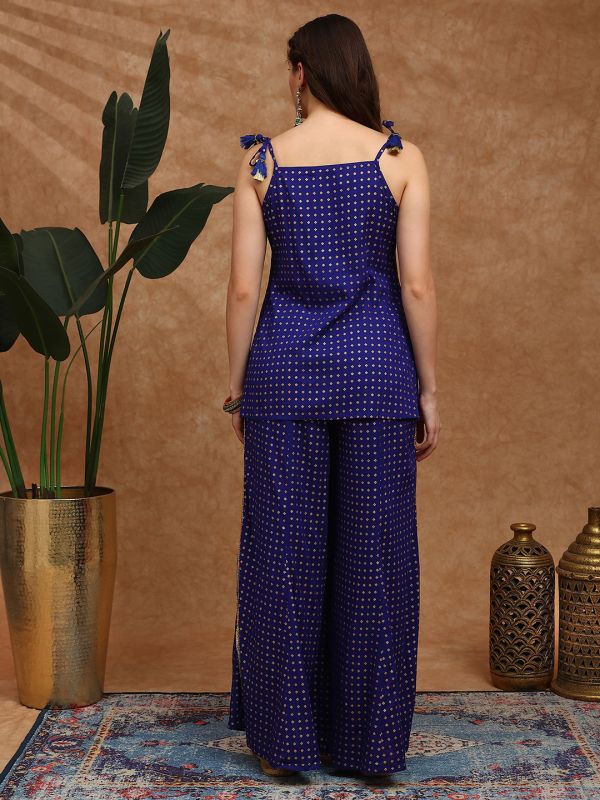 Globus Women Blue Ethnic Gold Foil Print V-Neck Tie-Up Shoulder Strap Tassel Detail Top & Palazzos Fusion Co-Ord Set
