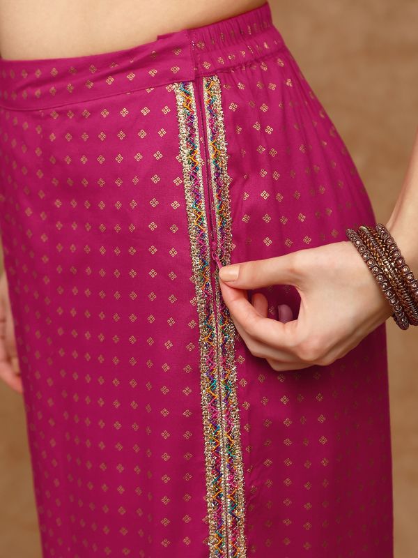 Globus Women Pink Ethnic Gold Foil Print V-Neck Tie-Up Shoulder Strap Tassel Detail Top & Palazzos Fusion Co-Ord Set