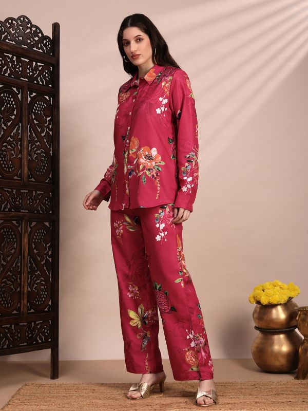 Globus Women Pink Allover Floral Collared Neck Cuff Sleeves Shirt & Mid Rise Trouser Fusion Co-Ord Set