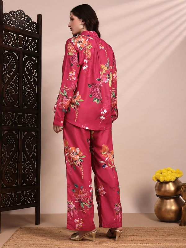 Globus Women Pink Allover Floral Collared Neck Cuff Sleeves Shirt & Mid Rise Trouser Fusion Co-Ord Set