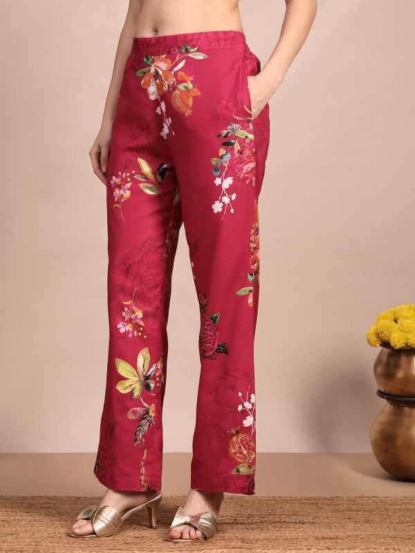 Globus Women Pink Allover Floral Collared Neck Cuff Sleeves Shirt & Mid Rise Trouser Fusion Co-Ord Set