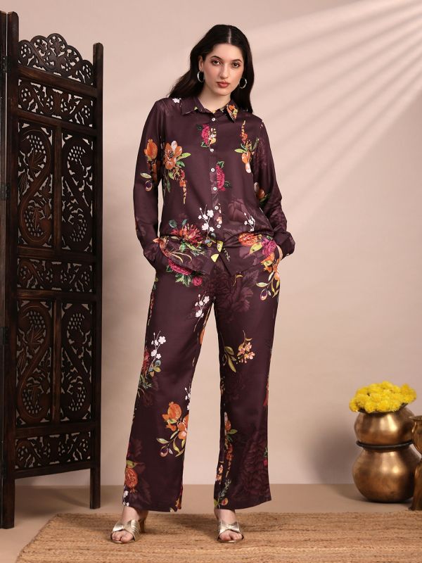Globus Women Brown Allover Floral Collared Neck Cuff Sleeves Shirt & Mid Rise Trouser Fusion Co-Ord Set