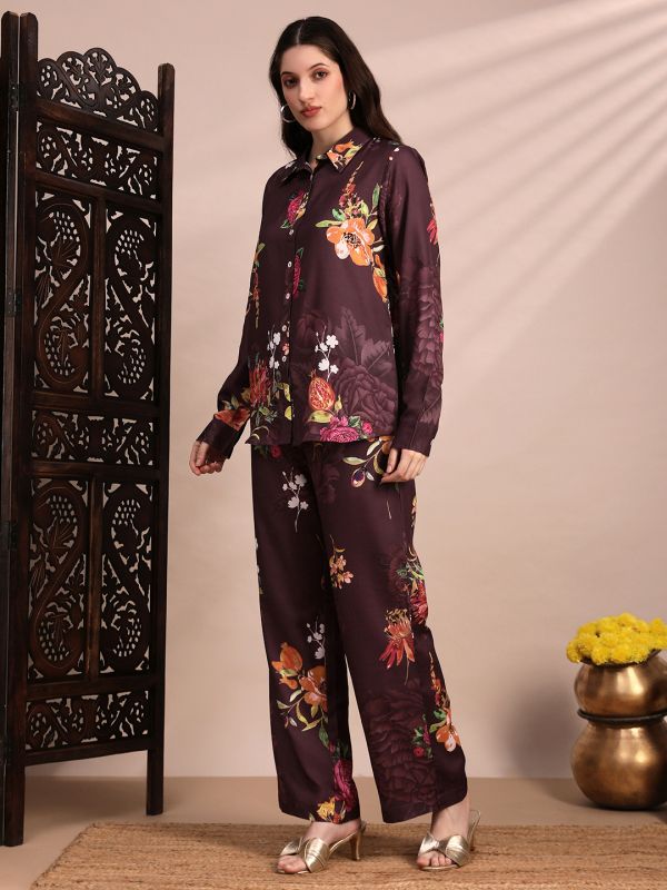 Globus Women Brown Allover Floral Collared Neck Cuff Sleeves Shirt & Mid Rise Trouser Fusion Co-Ord Set