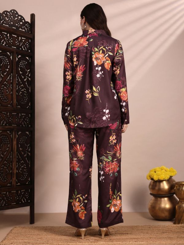 Globus Women Brown Allover Floral Collared Neck Cuff Sleeves Shirt & Mid Rise Trouser Fusion Co-Ord Set