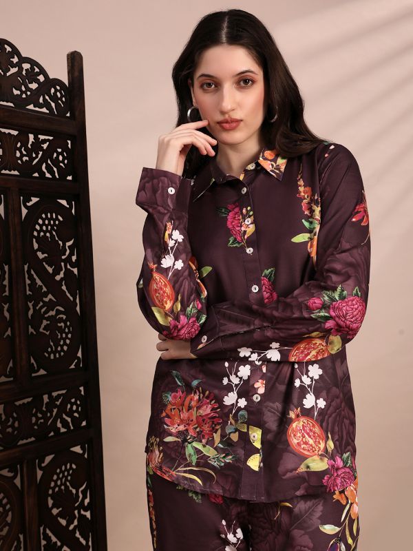 Globus Women Brown Allover Floral Collared Neck Cuff Sleeves Shirt & Mid Rise Trouser Fusion Co-Ord Set