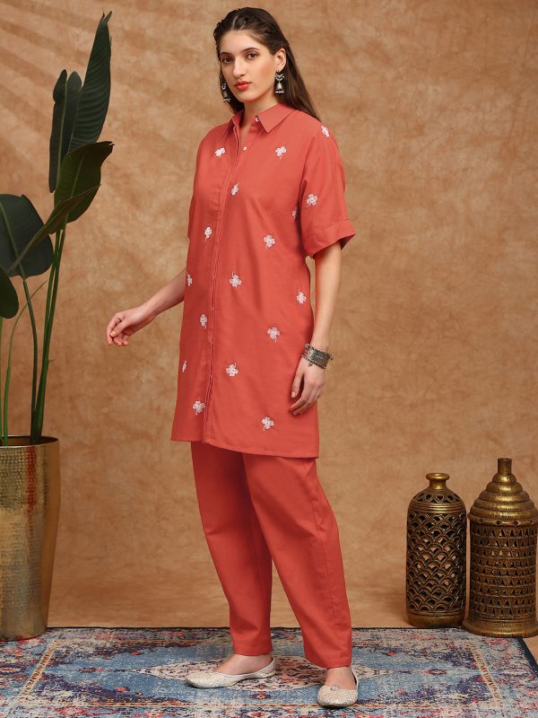 Globus Women Orange Shirt Collar Extended Sleeves Floral Embroidered Straight Kurta With Pants Fusion Set