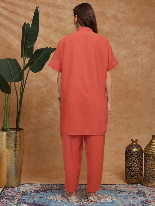Globus Women Orange Shirt Collar Extended Sleeves Floral Embroidered Straight Kurta With Pants Fusion Set