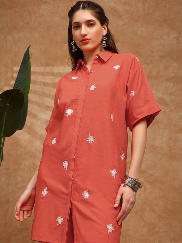 Globus Women Orange Shirt Collar Extended Sleeves Floral Embroidered Straight Kurta With Pants Fusion Set