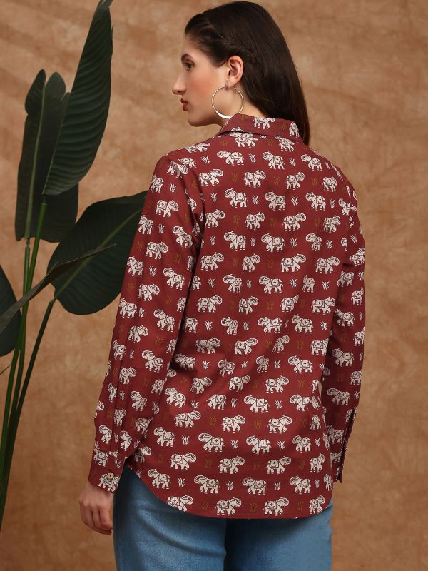 Globus Women Red Collared Neck Cuffed Sleeves Tribal Print Shirt Style Fusion Wear Tunic