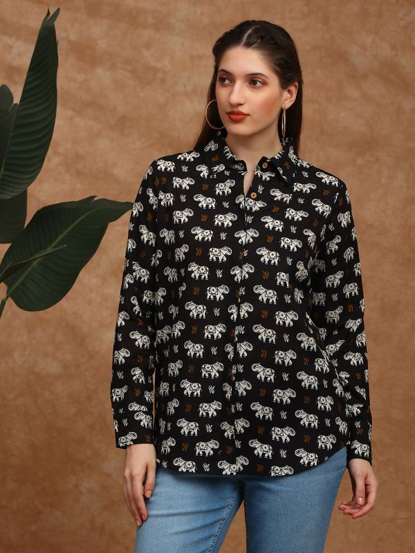 Globus Women Black Collared Neck Cuffed Sleeves Tribal Print Shirt Style Fusion Wear Tunic