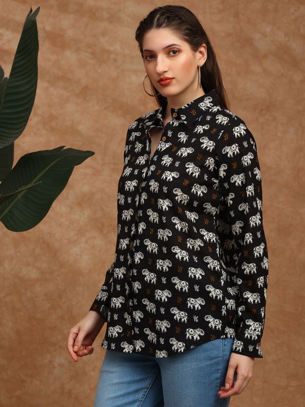 Globus Women Black Collared Neck Cuffed Sleeves Tribal Print Shirt Style Fusion Wear Tunic