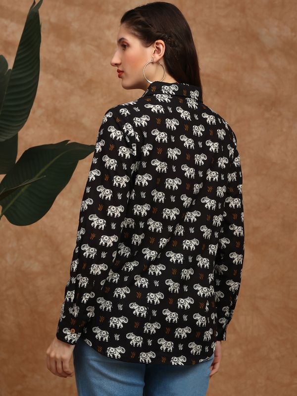 Globus Women Black Collared Neck Cuffed Sleeves Tribal Print Shirt Style Fusion Wear Tunic