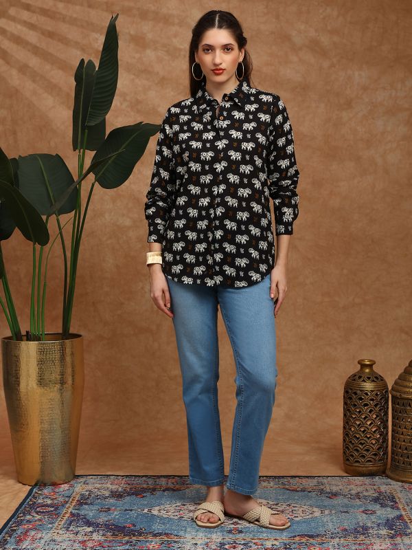 Globus Women Black Collared Neck Cuffed Sleeves Tribal Print Shirt Style Fusion Wear Tunic