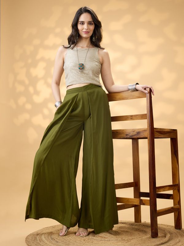 Globus Women Olive Solid High Rise Pleated Wide Leg Flared Fusion Trousers