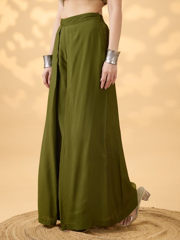Globus Women Olive Solid High Rise Pleated Wide Leg Flared Fusion Trousers