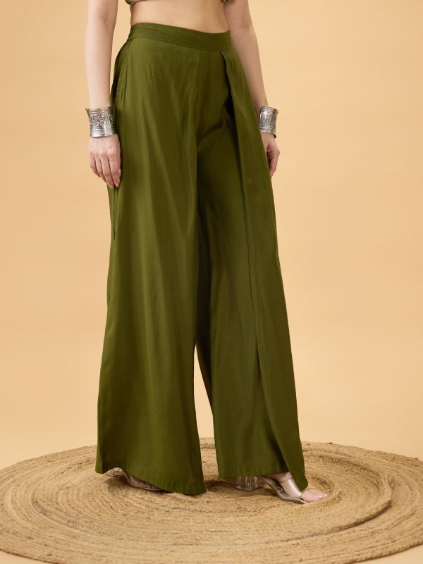 Globus Women Olive Solid High Rise Pleated Wide Leg Flared Fusion Trousers