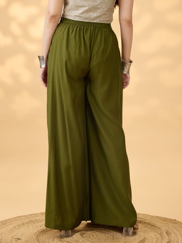 Globus Women Olive Solid High Rise Pleated Wide Leg Flared Fusion Trousers