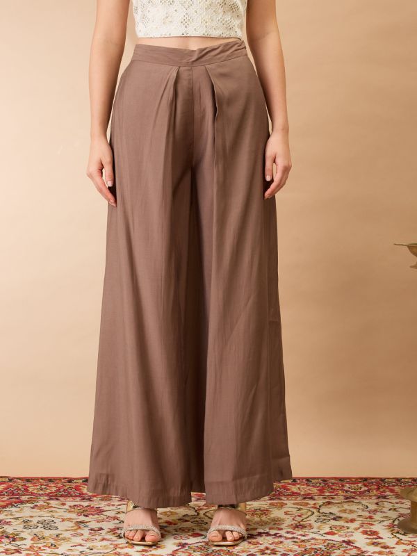 Globus Women Taupe Solid Mid-Rise Pleated Wide Leg Flared Fusion Trousers