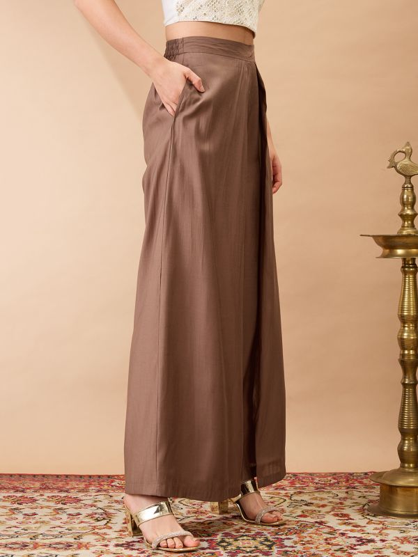 Globus Women Taupe Solid Mid-Rise Pleated Wide Leg Flared Fusion Trousers