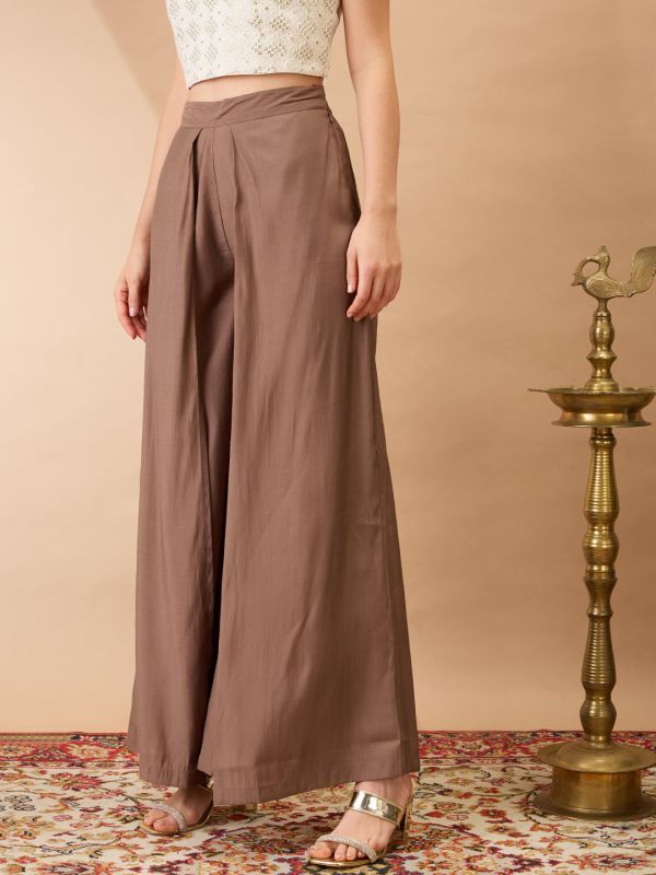 Globus Women Taupe Solid Mid-Rise Pleated Wide Leg Flared Fusion Trousers