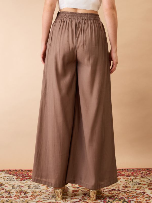 Globus Women Taupe Solid Mid-Rise Pleated Wide Leg Flared Fusion Trousers