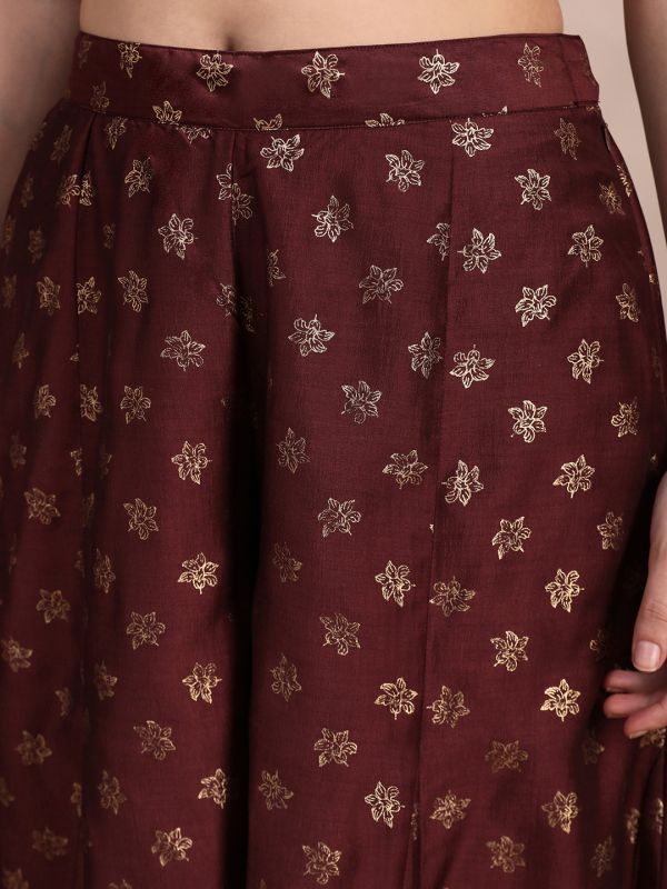 Globus Women Brown Floral Foil Printed Mid Rise Flared Festive Kali Palazzos